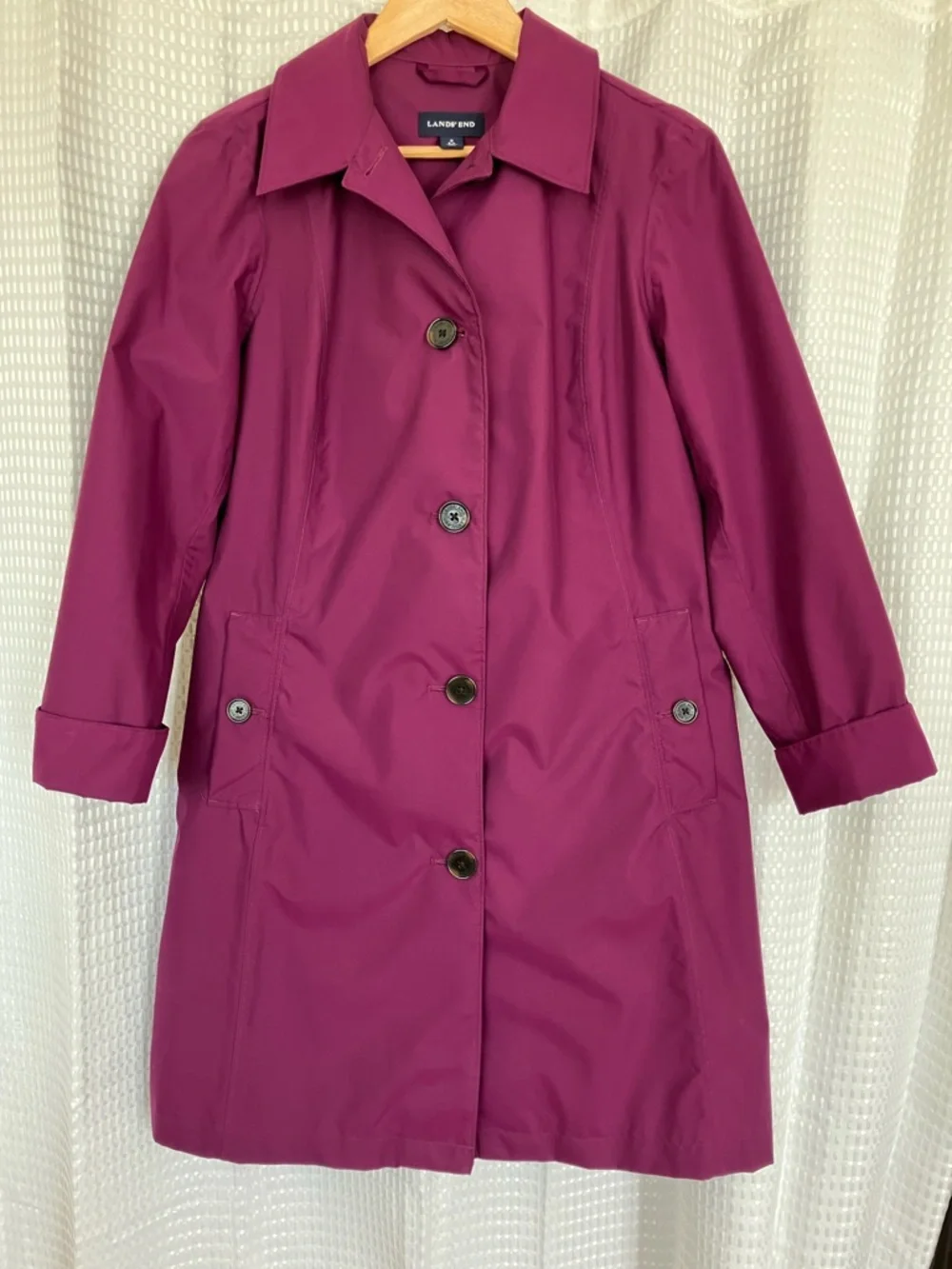 Lands' End Fuchsia Purple Spring Raincoat Trench Jacket Coat Small - Picture 1 of 16